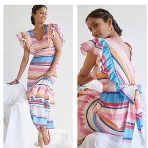 Plenty by Tracy Reese Anthropologie Rainbow Stripe Ruffle Midi Dress Cotton M
